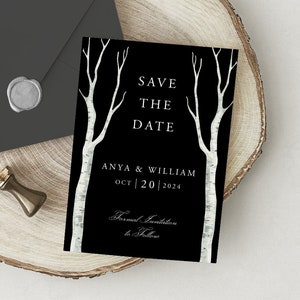 Black Wedding Announcement Template, Halloween October Save the Date Digital Download, 5x7, White, Crow, Trees, Moon, Witch, Gothic