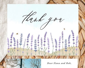 Lavender Thank You Card Template, Lavender Wedding, Butterfly, Bumblebee Wedding, Fields, France, Summer, Hills, Editable Printable