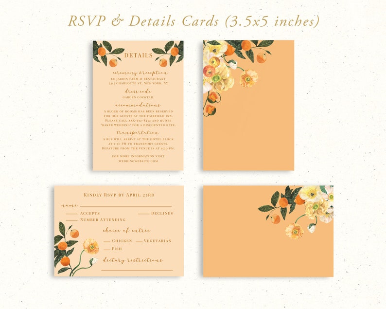 Summer Citrus Wedding Invitation Suite Template, RSVP, Details, Orange Fruit, Peach, Floral, Flower, Summer, Spring, 5x7, 3.5x5, Editable image 6
