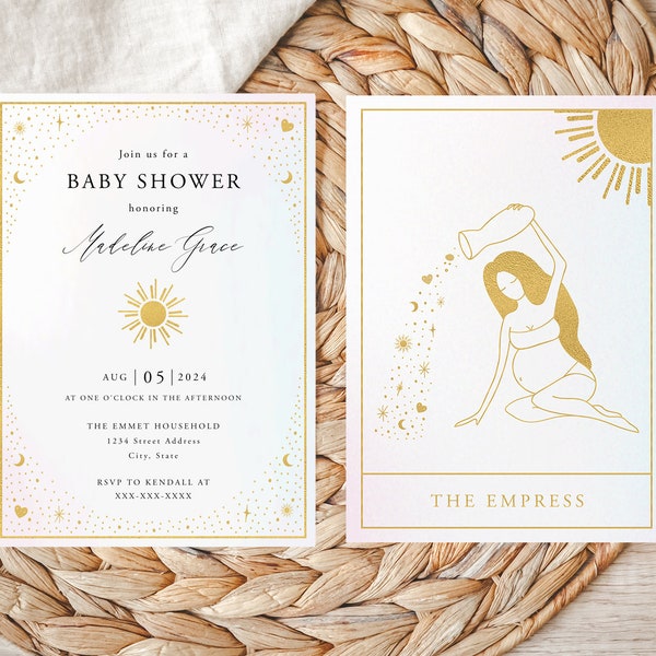 Tarot Baby Shower Invitation Template, 5x7, The Empress, Magical Invite Evite, moon and stars, celestial, gold foil, starry boho goddess