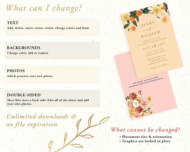 Summer Citrus Wedding Invitation Suite Template, RSVP, Details, Orange Fruit, Peach, Floral, Flower, Summer, Spring, 5x7, 3.5x5, Editable image 8