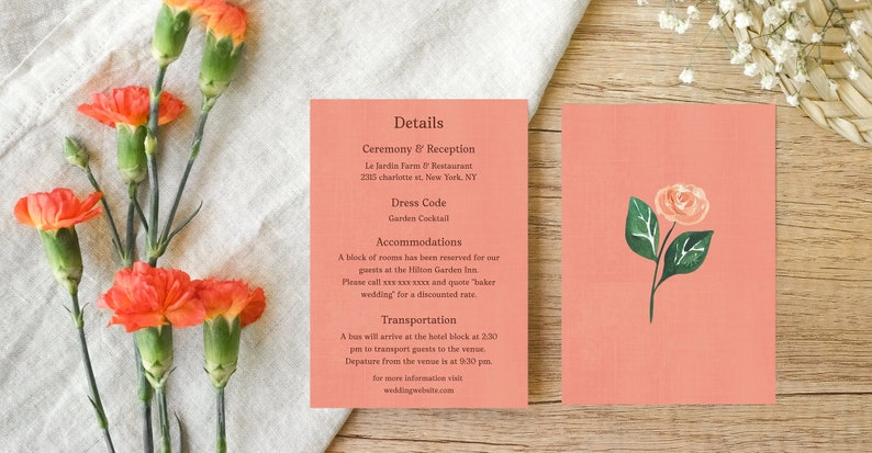 Vintage Linen Wedding Invitation Suite Template, Fall, Rustic Autumn Rust Pink Peach, Story book, Whimsical, Cottagecore, Gold, RSVP Details image 2