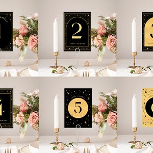 Moon and Stars Table Number Template BUNDLE, 5x7, Black Mystical Celestial Pastel Set, Boho, Gold and White Digital