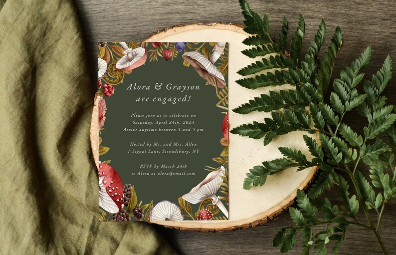 Forest Green Wedding Engagement Party Invitation Template Fairytale Mushroom Mountain Editable Printable Engagement