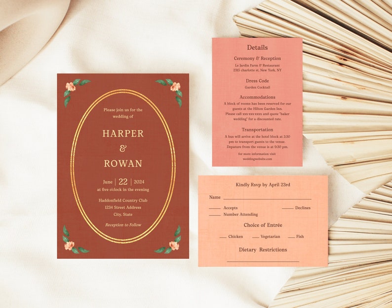 Vintage Linen Wedding Invitation Suite Template, Fall, Rustic Autumn Rust Pink Peach, Story book, Whimsical, Cottagecore, Gold, RSVP Details image 1