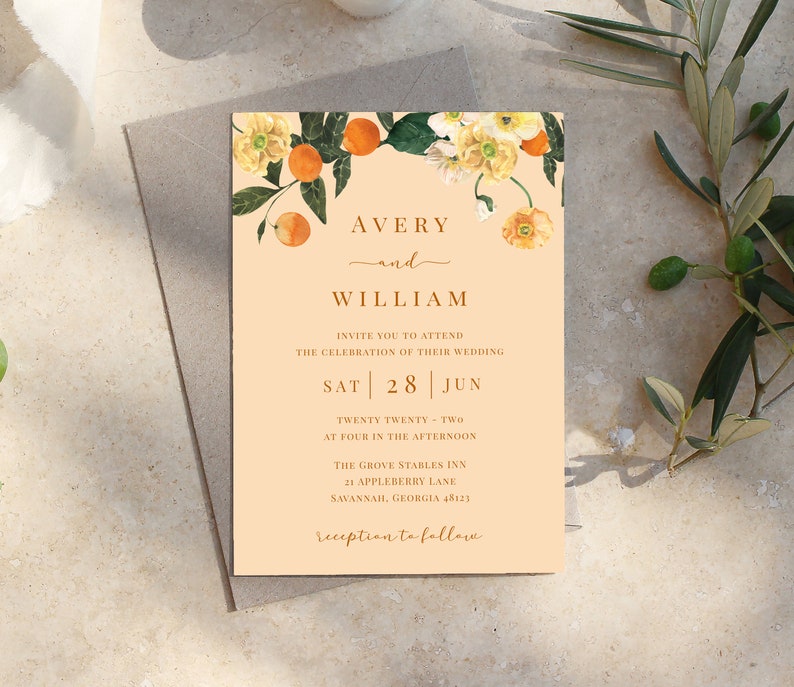 Summer Citrus Wedding Invitation Suite Template, RSVP, Details, Orange Fruit, Peach, Floral, Flower, Summer, Spring, 5x7, 3.5x5, Editable image 2