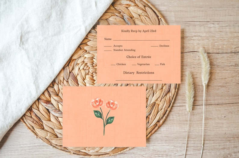 Vintage Linen Wedding Invitation Suite Template, Fall, Rustic Autumn Rust Pink Peach, Story book, Whimsical, Cottagecore, Gold, RSVP Details image 3