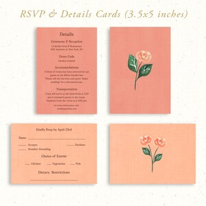 Vintage Linen Wedding Invitation Suite Template, Fall, Rustic Autumn Rust Pink Peach, Story book, Whimsical, Cottagecore, Gold, RSVP Details image 7