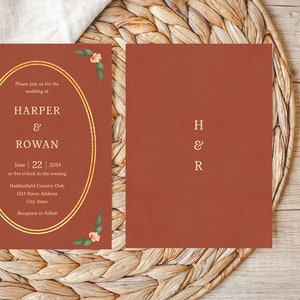 Vintage Linen Wedding Invitation Suite Template, Fall, Rustic Autumn Rust Pink Peach, Story book, Whimsical, Cottagecore, Gold, RSVP Details image 4