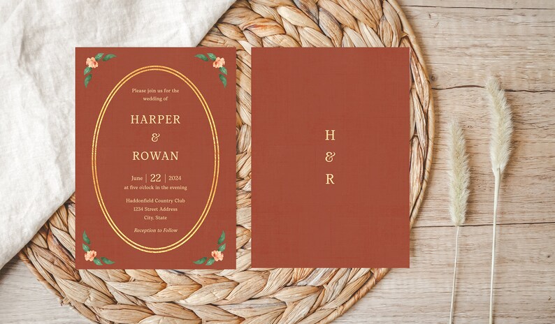 Vintage Linen Wedding Invitation Suite Template, Fall, Rustic Autumn Rust Pink Peach, Story book, Whimsical, Cottagecore, Gold, RSVP Details image 4