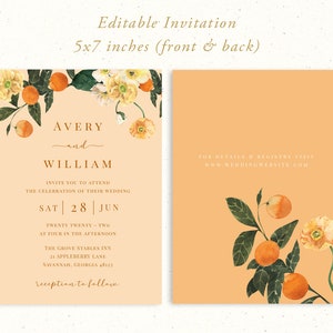 Summer Citrus Wedding Invitation Suite Template, RSVP, Details, Orange Fruit, Peach, Floral, Flower, Summer, Spring, 5x7, 3.5x5, Editable image 5