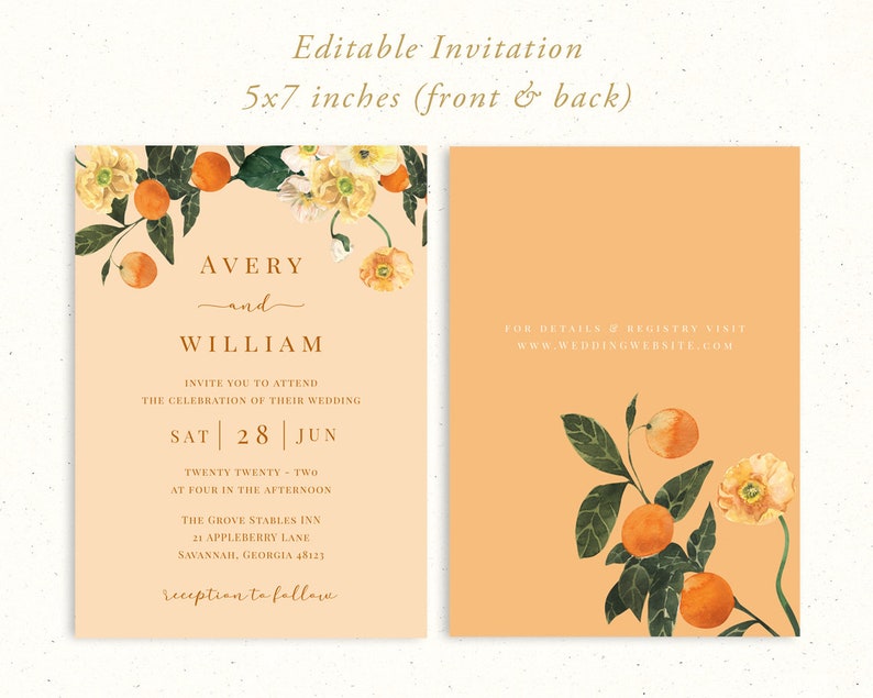 Summer Citrus Wedding Invitation Suite Template, RSVP, Details, Orange Fruit, Peach, Floral, Flower, Summer, Spring, 5x7, 3.5x5, Editable image 5