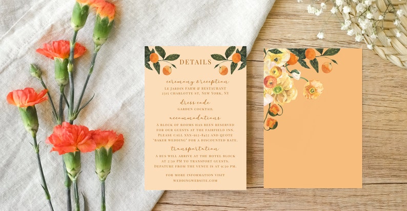 Summer Citrus Wedding Invitation Suite Template, RSVP, Details, Orange Fruit, Peach, Floral, Flower, Summer, Spring, 5x7, 3.5x5, Editable image 3
