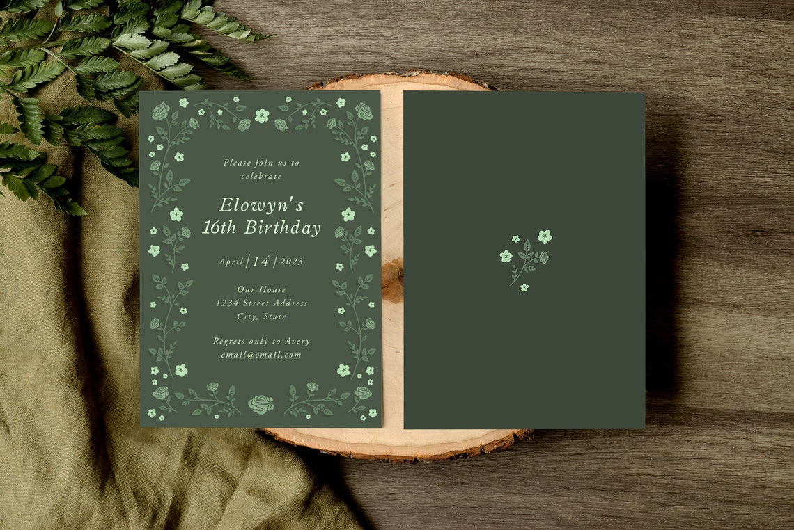 Sage Green Birthday Invitation Template, Rose Vines Greenery Floral
