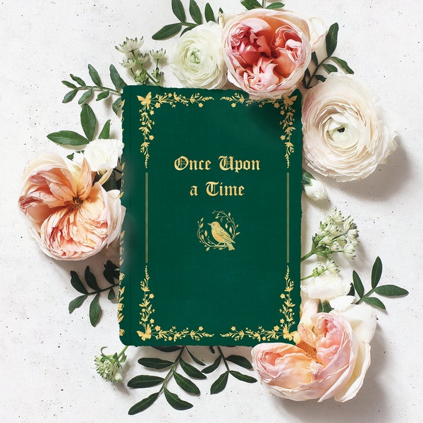 Emerald Green Fairytale Save the Date Template, Enchanted Forest Story book Whimsical Cottagecore, Gold, Butterfly, Old Paper Literary