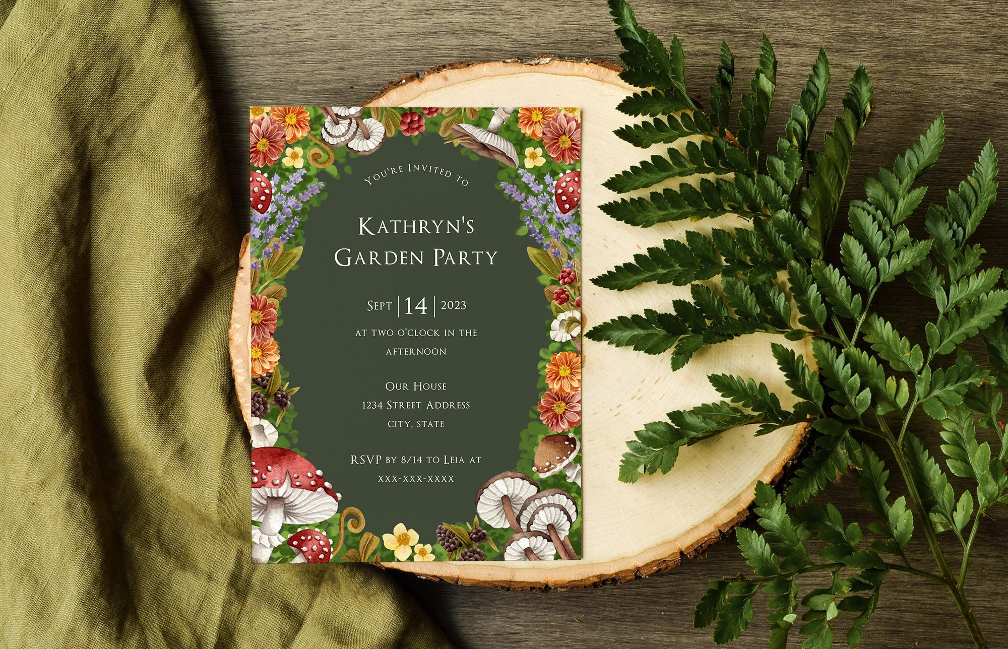 Forest Green Garden Party Invitation Template Fairytale Mushroom Greenery Floral Wreath Flowers Cottagecore Enchanted Forest