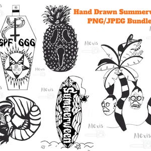 May include: A collection of black and white digital illustrations featuring a coffin with a pentagram and SPF 666 text, a pineapple with a screaming face, a surfboard with spiderwebs and the text Summerween, an alien creature, and palm trees with skulls.