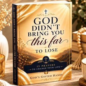 May include: A hardback book with a gold and navy blue cover featuring the title GOD DIDN'T BRING YOU this far TO LOSE, the subtitle 15 PRAYERS TO CHANGE YOUR LIFE, and the author name GOD'S GIFTED HANDS, set against a landscape of mountains and water.