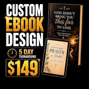 Puede incluir: Un gráfico digital que muestra servicios de diseño de libros electrónicos. Incluye una portada de libro titulada GOD DIDN'T BRING YOU this far TO LOSE y una pantalla de tableta que muestra LET'S MAKE PRAYER a Habit sobre un fondo negro.
