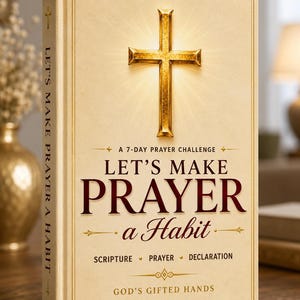 May include: A hardcover book titled "Let's Make Prayer a Habit." The cover features a gold cross with a light burst, and the title is in burgundy. The book's spine reads "Let's Make Prayer a Habit."