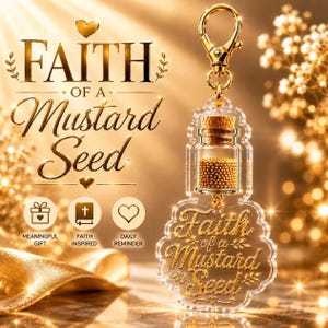 Faith of a Mustard Seed Keychain, Christian Gift for Women, Real Mustard Seed Bottle Charm, Gold Acrylic Scripture Keychain, Faith Gift