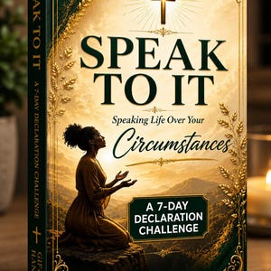 May include: Book cover with the title "SPEAK TO IT" in large, bold letters. The cover features a woman in a golden dress with her hands raised, set against a landscape. The book is a "7-Day Declaration Challenge" by God's Gifted Hands.