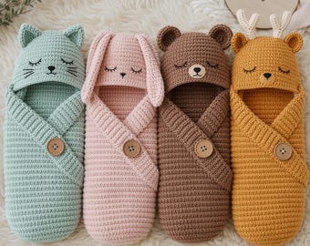 May include: Four crochet baby swaddles featuring animal hoods: a mint green cat, a pink rabbit, a brown bear, and a mustard yellow deer with antlers. Each swaddle has a single wooden button closure and embroidered closed eyes and noses.