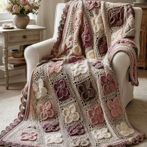 Peut inclure: Une couverture en crochet présentant un motif répétitif de carrés floraux en relief dans des tons crème, vieux rose et mauve foncé. La couverture présente un design complexe en mailles ajourées entre les motifs et une bordure festonnée.