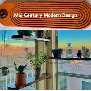May include: Mid Century Modern Design wall shelves made of wood and metal pipe. The shelves are mounted to a wall with a window behind them. There are plants and a bottle on the shelves.