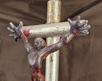 Crucifix, Christ's victory in death on the cross, Handmade Jesus Crucified and Resurrected, 14 in, cast stone, wood, and nails.