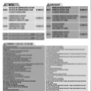 Op de afbeelding: Een zwart-witte grafiek met de titel "Skilled Nursing Facility". De grafiek geeft een lijst met initi&euml;le en volgende medische codes en beschrijvingen voor verschillende medische procedures. De grafiek bevat ook de toegewezen tijd voor elke procedure.