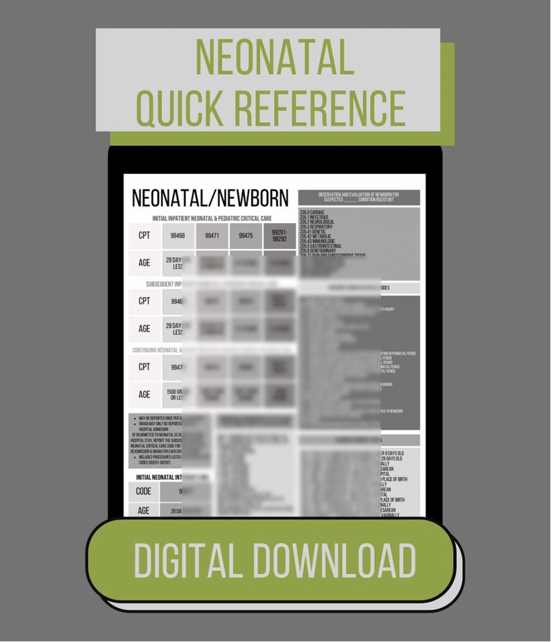 Medical Coding Neonatal/newborn ICD10 CPT Quick Reference Cheat Sheet