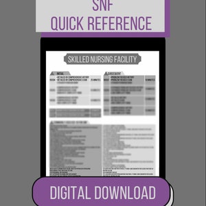 Op de afbeelding: Een zwart-wit afbeelding van een document met de titel "SNF Quick Reference" en de ondertitel "Skilled Nursing Facility". Het document is een tabel met twee kolommen, een met de naam "Initial" en de andere met de naam "Subsequent". De tabel geeft verschillende soorten medische bezoeken en hun bijbehorende tijdvereisten weer.