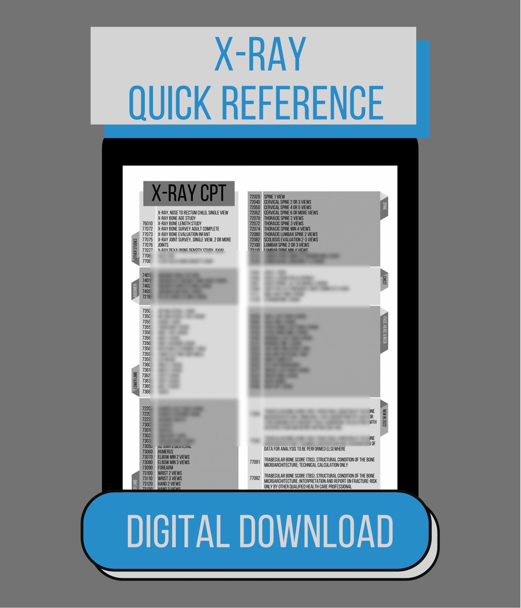 Medical Coding Xray CPT Quick Reference Cheat Sheet Codes List Etsy