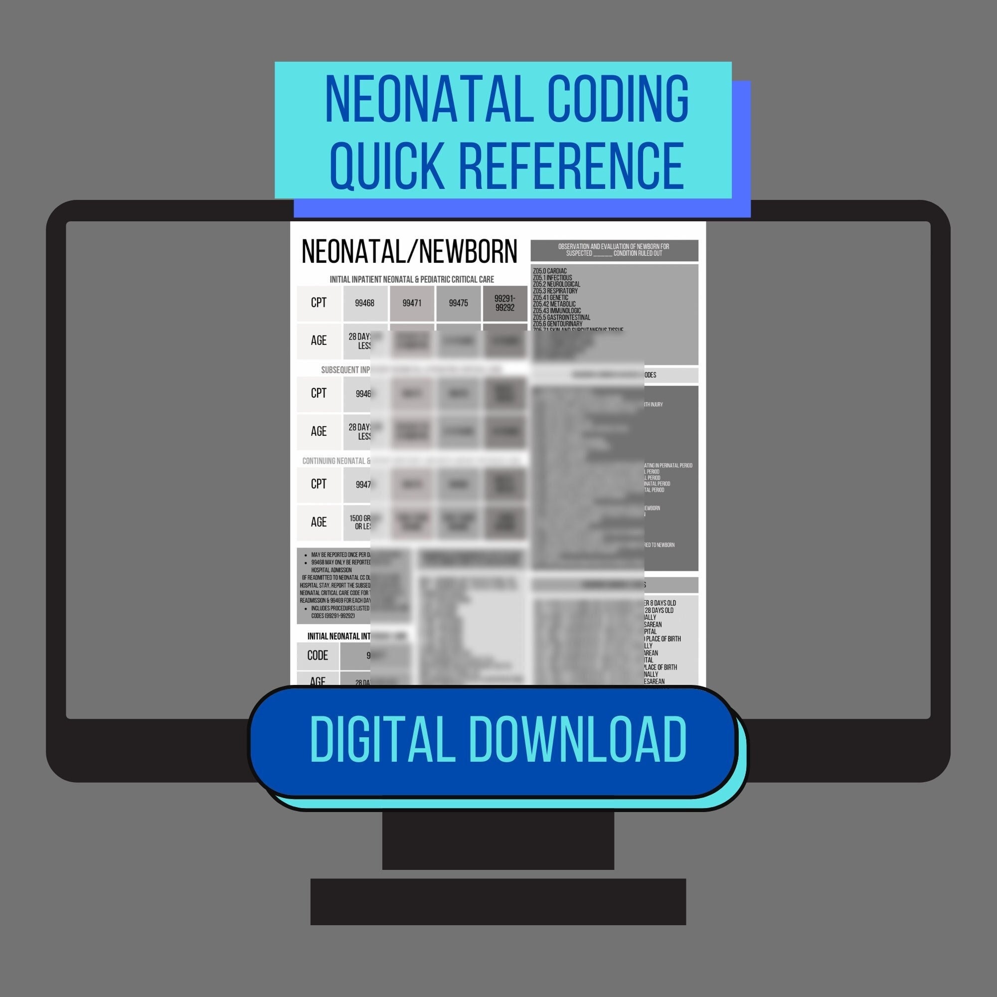 Medical Coding Neonatal/newborn ICD10 CPT Quick Reference Cheat Sheet