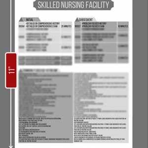 Op de afbeelding: Een zwart-wit afbeelding van een document met de titel "Skilled Nursing Facility" en een tabel met medische codes en beschrijvingen voor eerste en vervolgbezoeken van pati&euml;nten. De tabel bevat de codes 99304, 99307, 106.20, 118.5, 247.1, 441.9, 144.9, 093.41, 251.89, 150.9, R53.1, 196.01, 572.0010, 572.0020, 620, 572.1420, 572.1410, 083.40, 148.91, 150.30, 248.815, 108.354. Het document is 28 cm hoog en 21.6 cm breed.