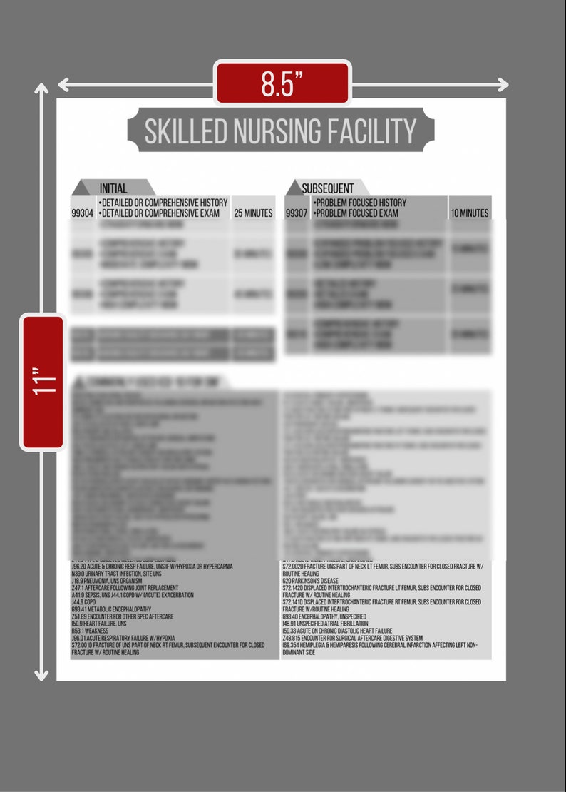 Op de afbeelding: Een zwart-wit afbeelding van een document met de titel "Skilled Nursing Facility" en een tabel met medische codes en beschrijvingen voor eerste en vervolgbezoeken van pati&euml;nten. De tabel bevat de codes 99304, 99307, 106.20, 118.5, 247.1, 441.9, 144.9, 093.41, 251.89, 150.9, R53.1, 196.01, 572.0010, 572.0020, 620, 572.1420, 572.1410, 083.40, 148.91, 150.30, 248.815, 108.354. Het document is 28 cm hoog en 21.6 cm breed.