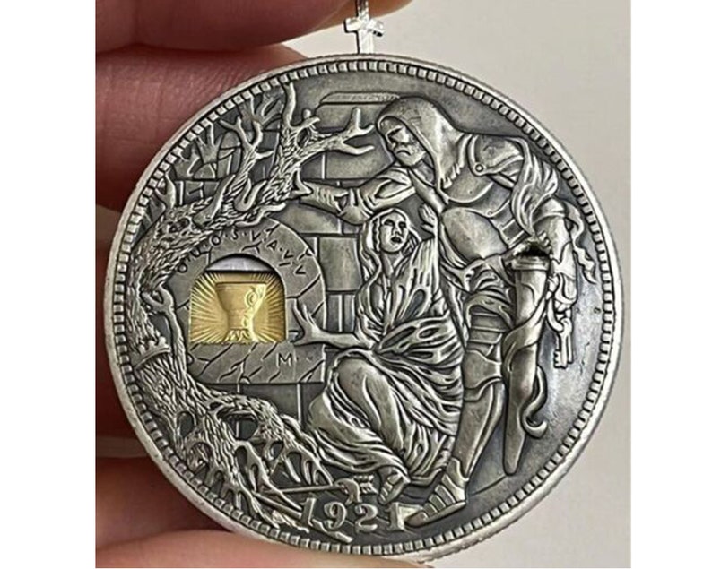 Rare USA Movable Mechanical Coin 1921 Handcrafted Holy Grail Wandering Removeable Sword Silver Color Coin Collection. Explore Now image 4