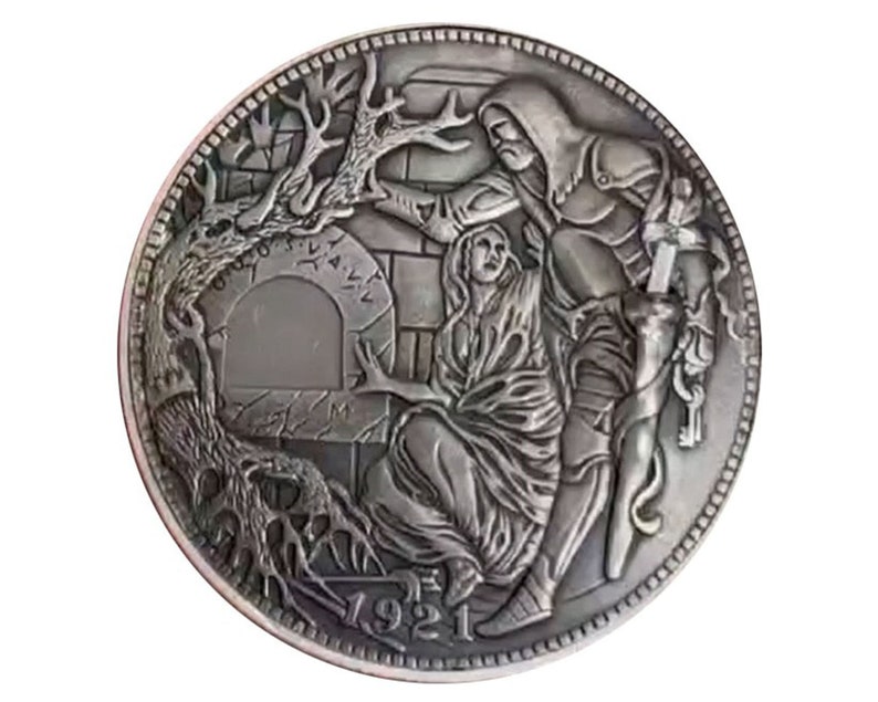 Rare USA Movable Mechanical Coin 1921 Handcrafted Holy Grail Wandering Removeable Sword Silver Color Coin Collection. Explore Now image 3