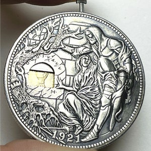 Rare USA Movable Mechanical Coin 1921 Handcrafted Holy Grail Wandering Removeable Sword Silver Color Coin Collection. Explore Now image 2