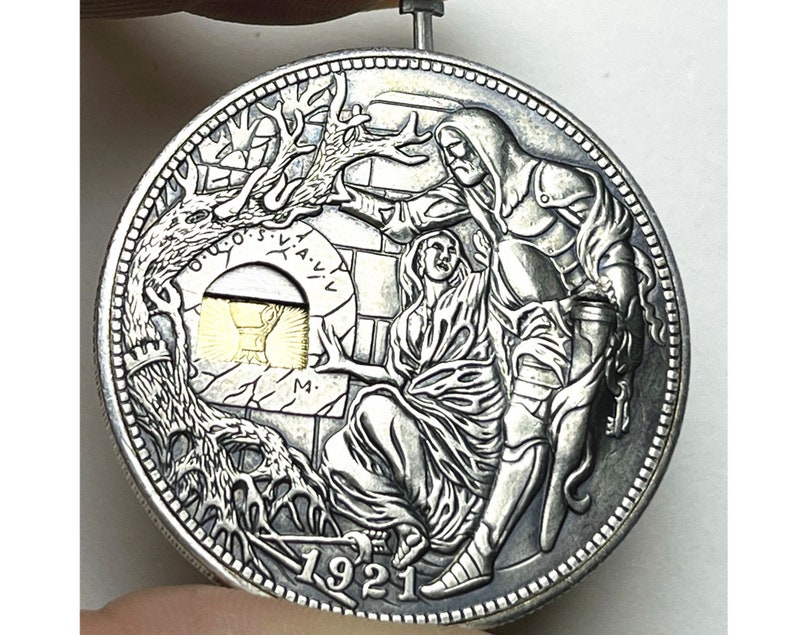 Rare USA Movable Mechanical Coin 1921 Handcrafted Holy Grail Wandering Removeable Sword Silver Color Coin Collection. Explore Now image 2