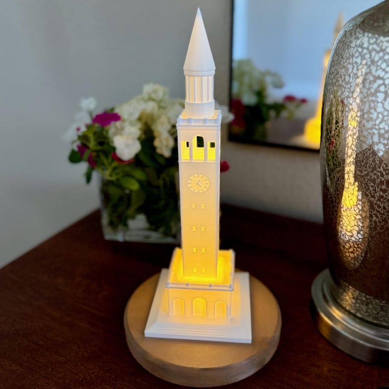 University of North Carolina Bell Tower LED model displayed on dorm desk