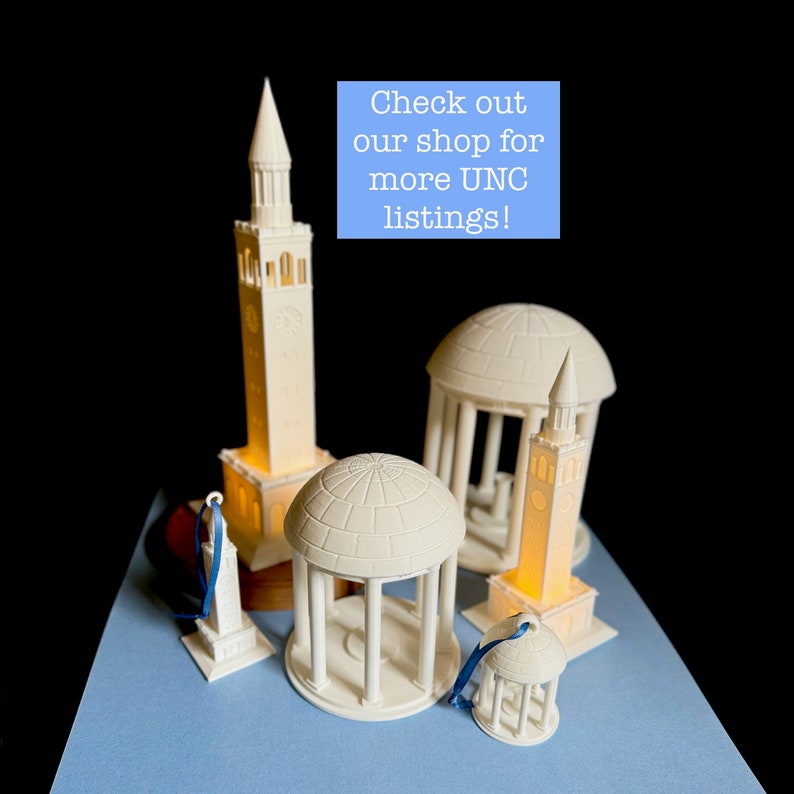 The UNC Tower lights, shown next to the UNC Chapel Hill ornament.