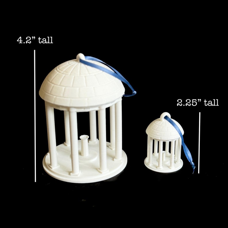 Dimensions for the larger and small UNC Chapel Hill ornaments.