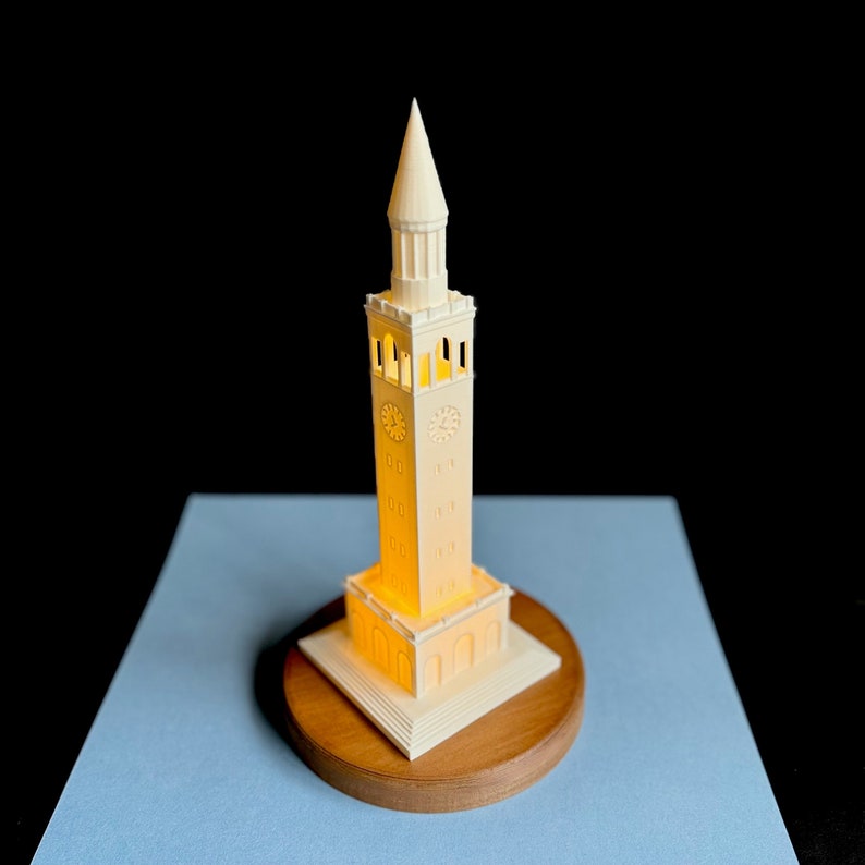 University of North Carolina Bell Tower model with LED light, 3D printed collectible