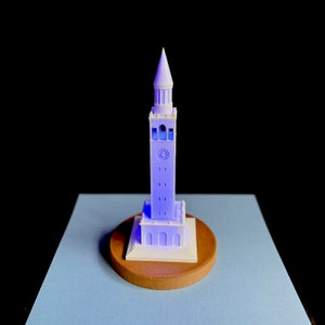 Close-up of 3D printed clock and windows on UNC Bell Tower light
