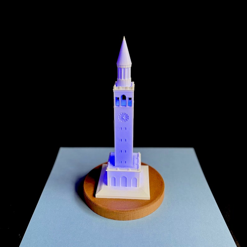 Close-up of 3D printed clock and windows on UNC Bell Tower light