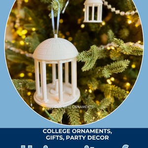 UNC Old Well ornaments shown on a Christmas tree.