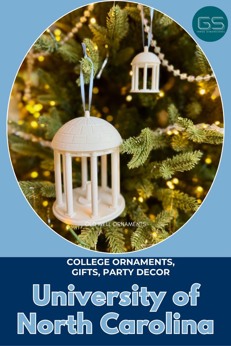 UNC Old Well ornaments shown on a Christmas tree.