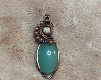 Aventurine gemstone pendant, with picture jasper, Hematite and copper beads, wrapped in antiqued copper